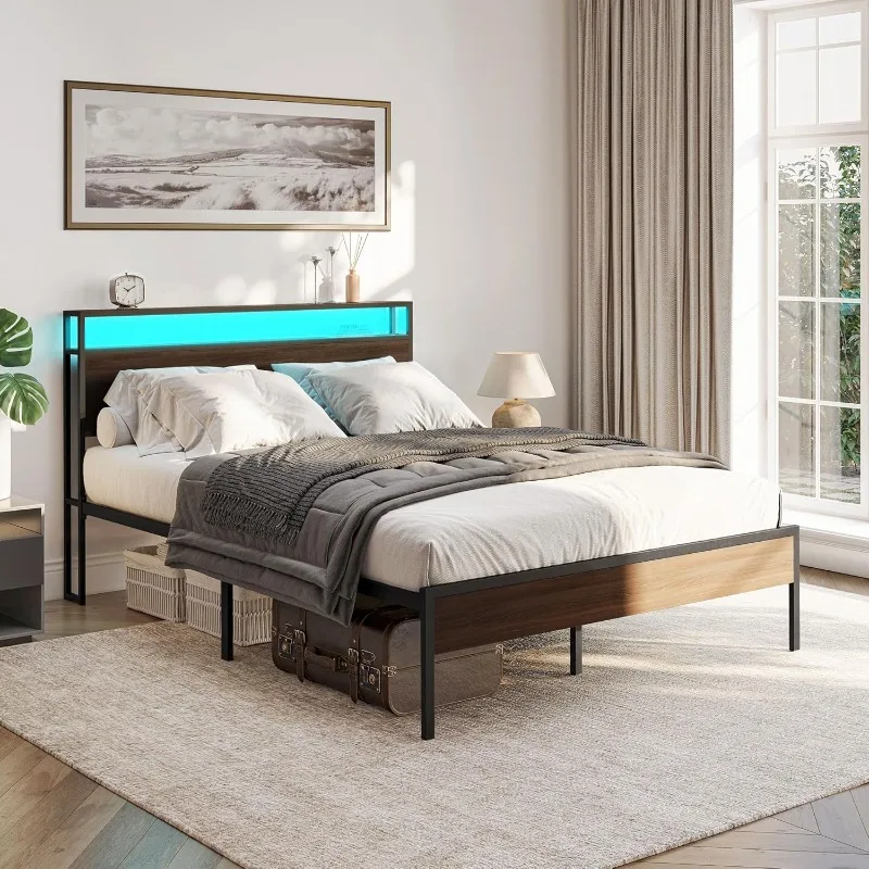 Queen Size Sturdy Metal Bed Frame with 2-Tier Storage Headboard, Remote Control LED Light and Ultra-Fast USB Type A/C Outlet,