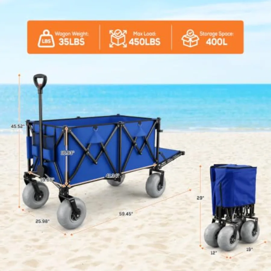 Heavy Duty Beach Wagon for Beach Camping Garden Use, Steel Frame Navy Blue, 9 inch Wide Big Wheels, 59 Extender, 450LBS Capacit