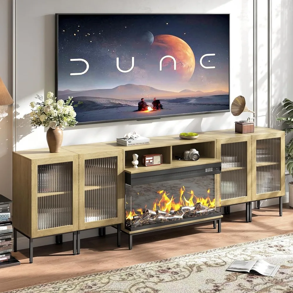 

3-Sided Glass Fireplace TV Stand for TVs up to 100'' with 12 Color, Media Entertainment Center Console Table with Glass Doors