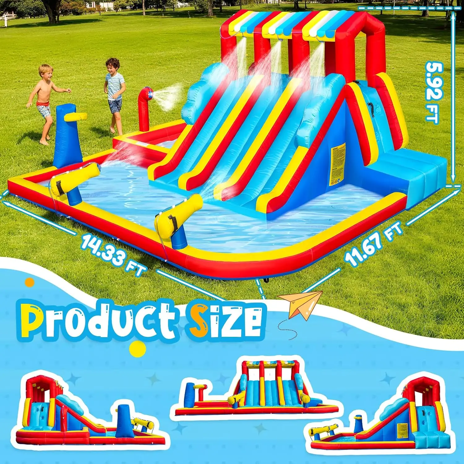 14.3Ft Inflatable Water Slide and Bounce House for Kids Ages 3-8, Wet or Dry Use