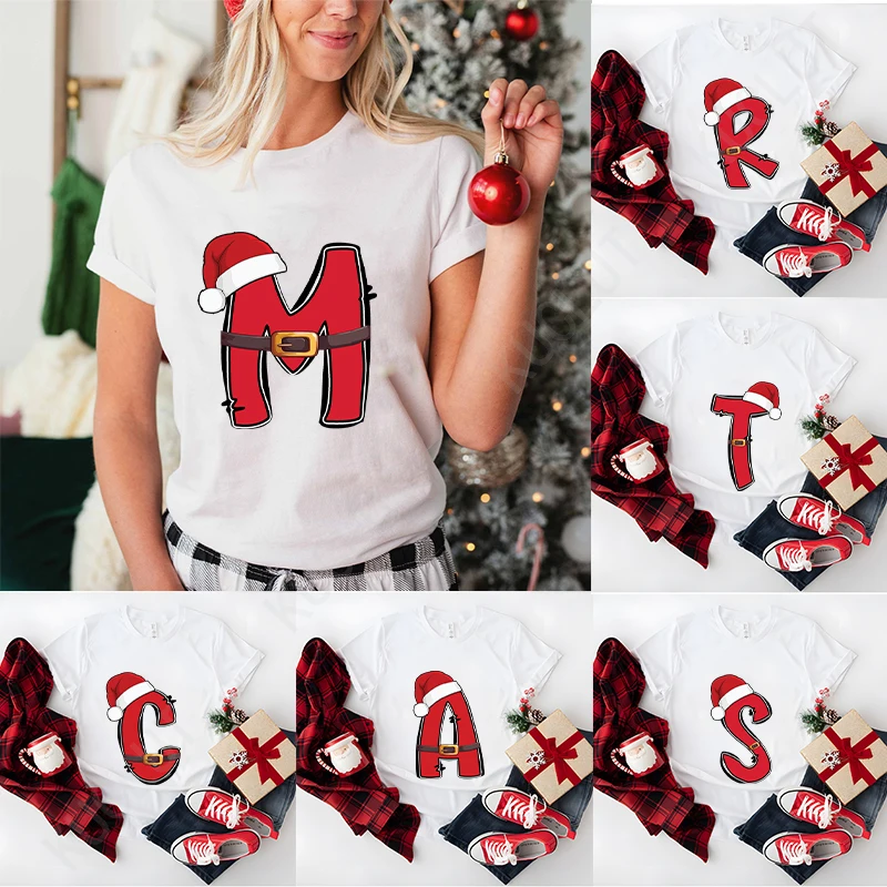 Christmas 26 Alphabet T-Shirt Women Fashion Tops Merry Christmas Party Female Clothing Short Sleeve Tees with Santa Hat Gift