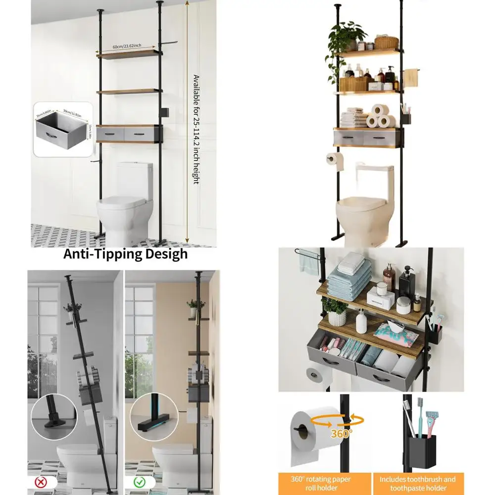 

4-ярусная напольная полка для хранения унитазных принадлежностей, коричневый рустик, компактный органайзер для ванной комнаты с крючками