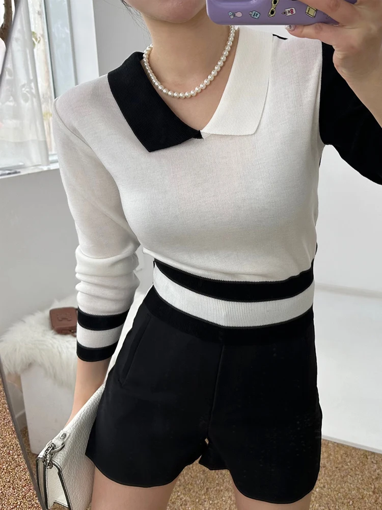 

Women's Knitted Sweater Early Autumn 2024 New Double Collar Faion Mosaic Design Slimming Versatile Top Korean Sle Long Sl...