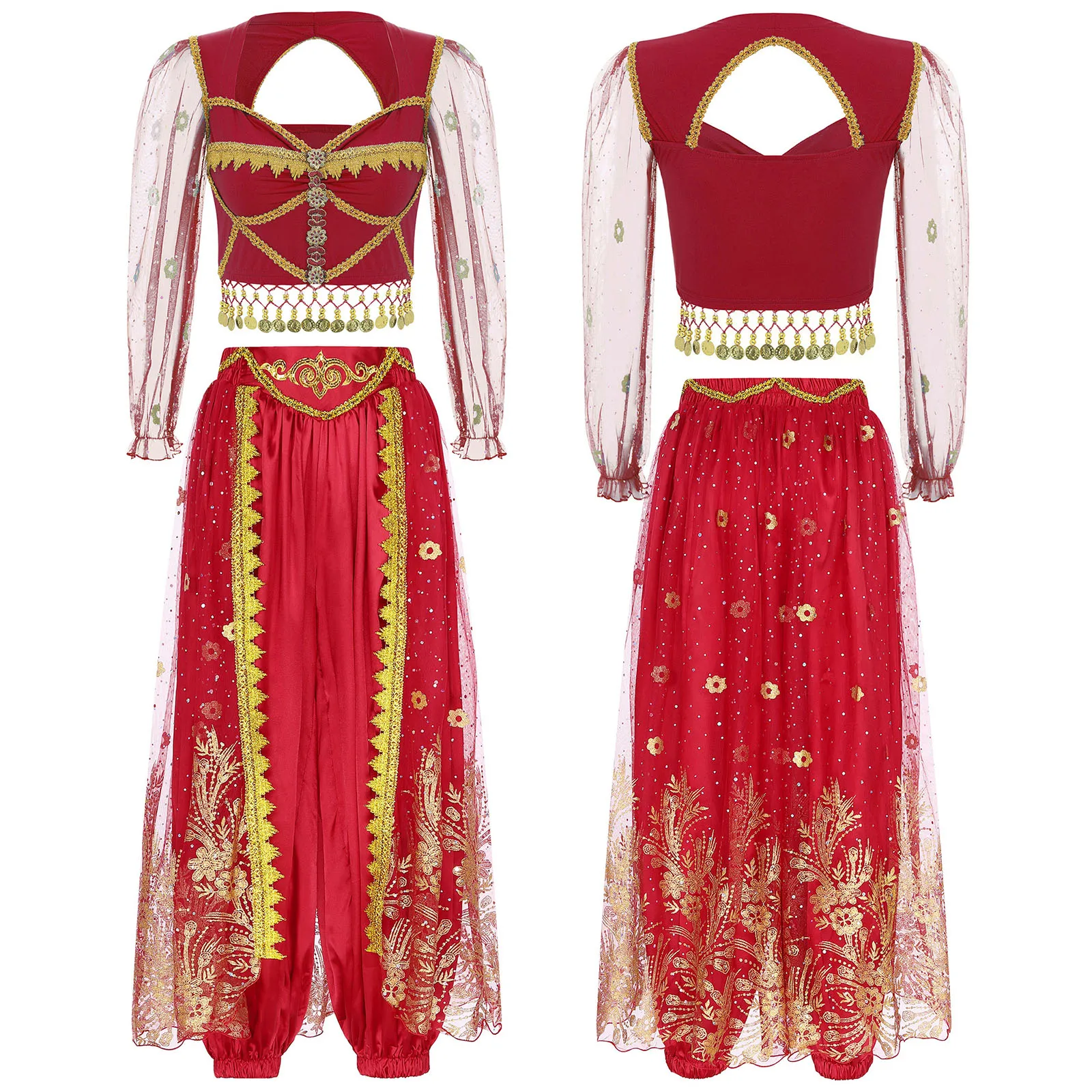 

2 Pcs Womens Belly Dance Set Halloween Carnival Cosplay Party Costume Sweetheart Long Sleeve Crop Top with Long Bloomers Skirted