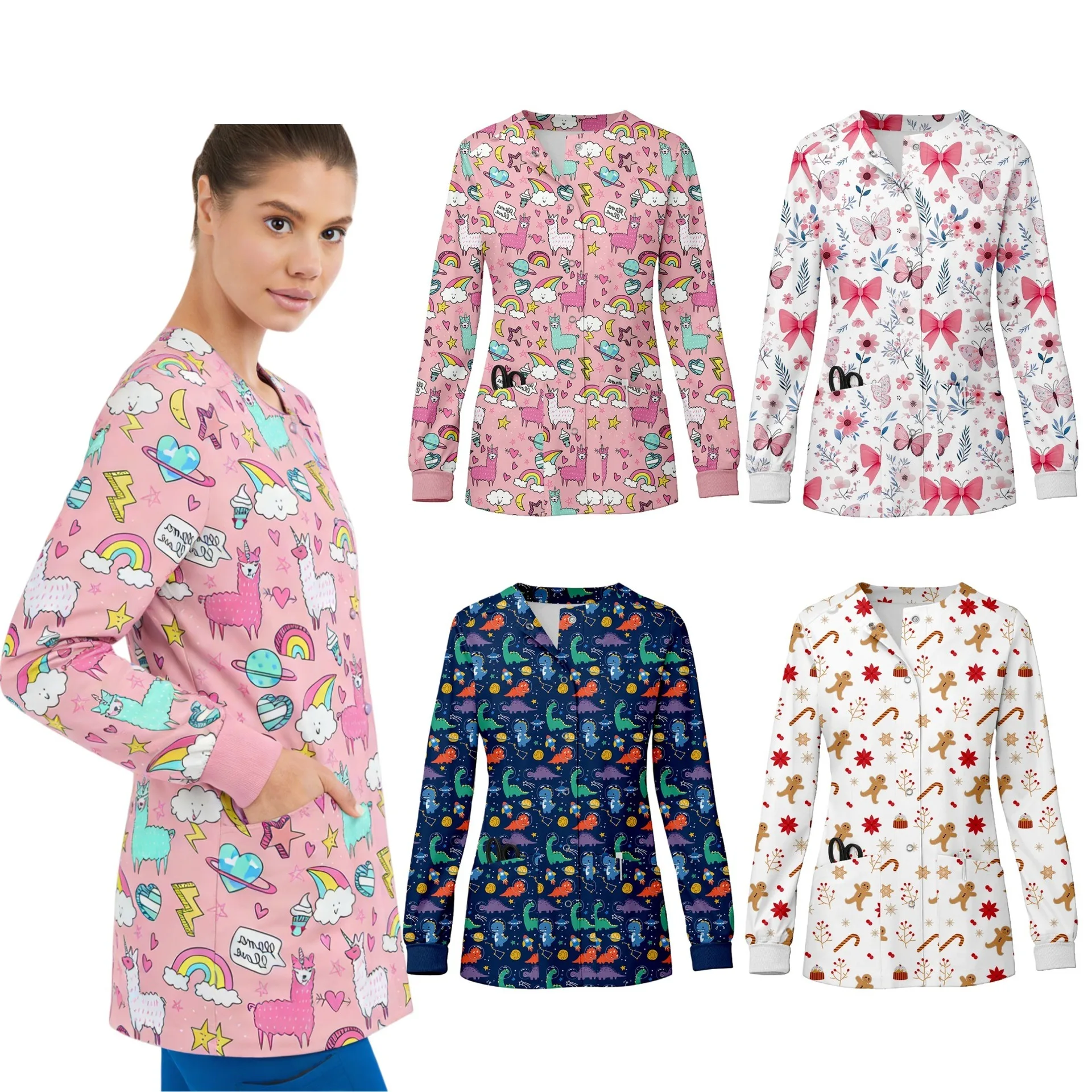 

Printed short Long sleeves nurse's top surgical gown, doctor's work uniform, clinic dental scrub suit Work Wear Surgical Gown Do