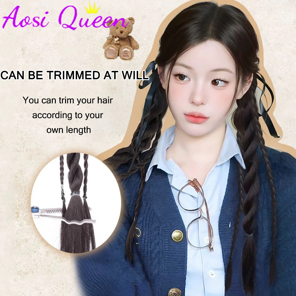 AOSI Wig wanita rambut palsu panjang Natural, Wig ekstensi rambut ekor kuda, kepang putar sintetis, Wig wanita