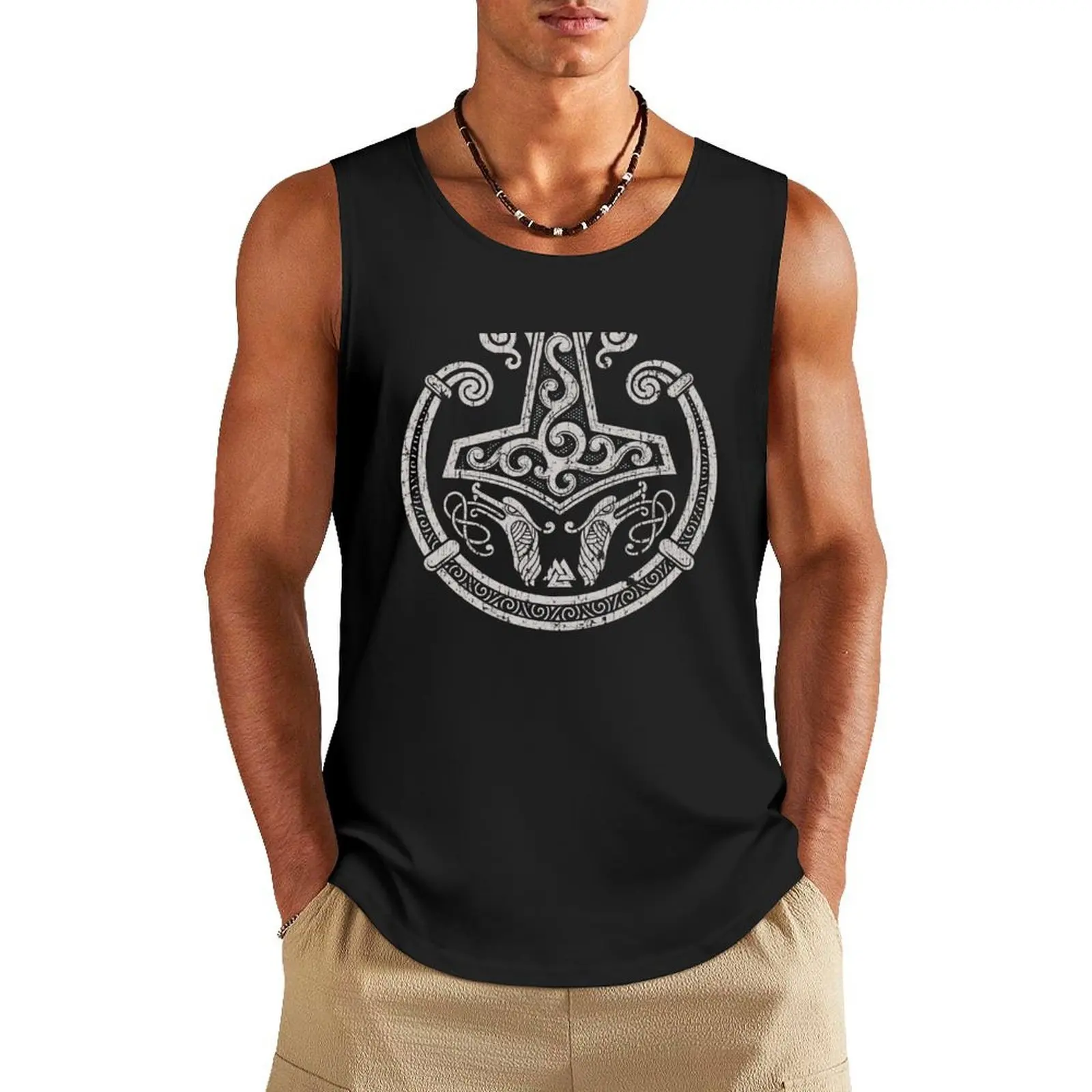 

Thors Hammer Mjolnir Norse Pagan Viking Torc Grey Distressed Tank Top quick-drying t-shirt Vest for boy tops t-shirt Men's