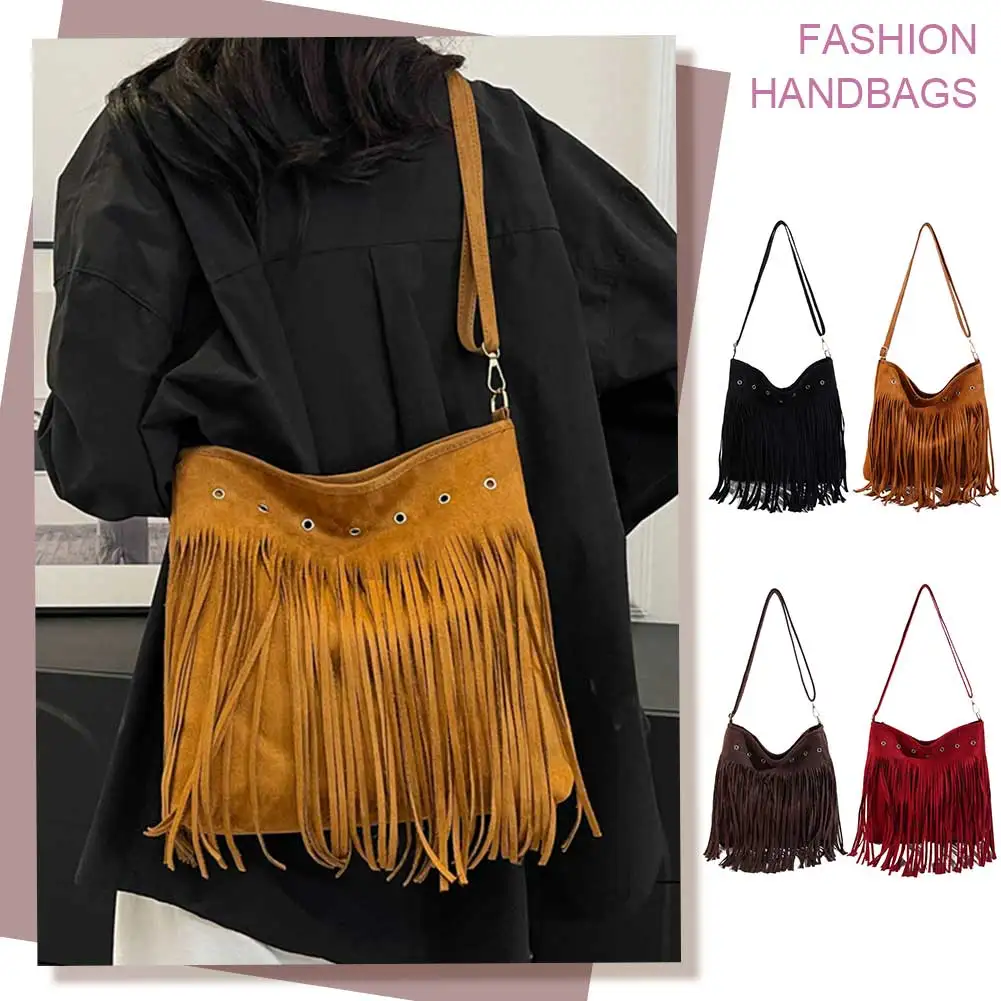 

Женская сумка через плечо в стиле ретро, однотонная замшевая кожаная винтажная сумка-мессенджер с регулируемым ремешком и кисточками, женская сумка для покупок