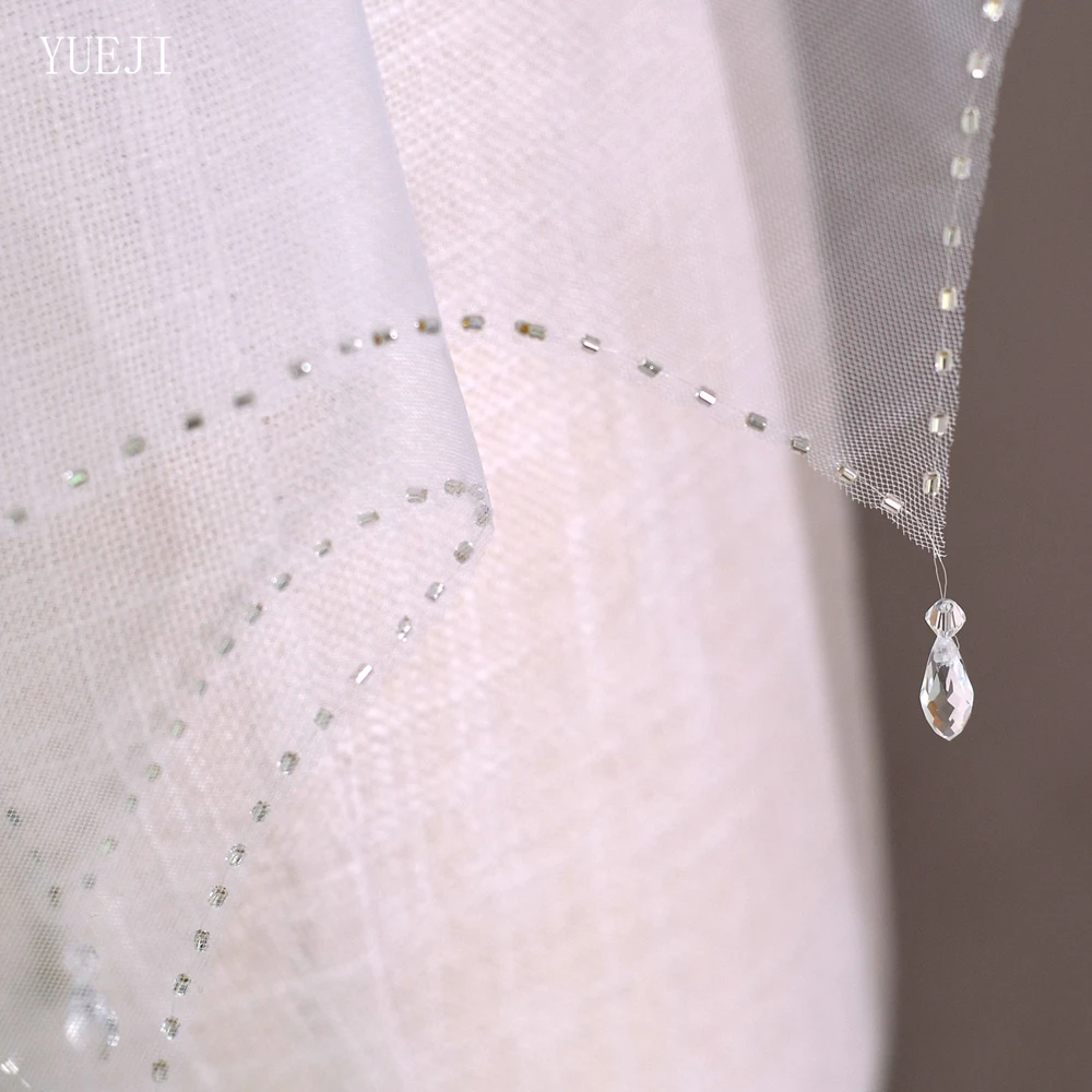 YUEJI-véu nupcial artesanal com gotas de cristal, borda recortada, tule, casamento próprio, branco, marfim, elegante, YJ218