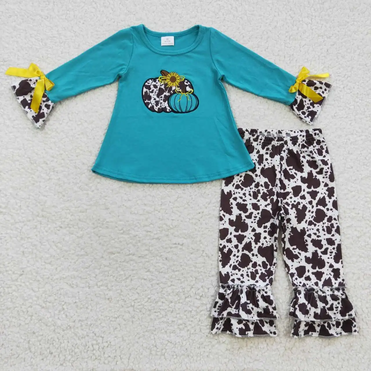 

Halloween Girls Wholesale Set Ink Pattern Embroidered Pumpkin Blue Green Long Sleeve Trousers Set