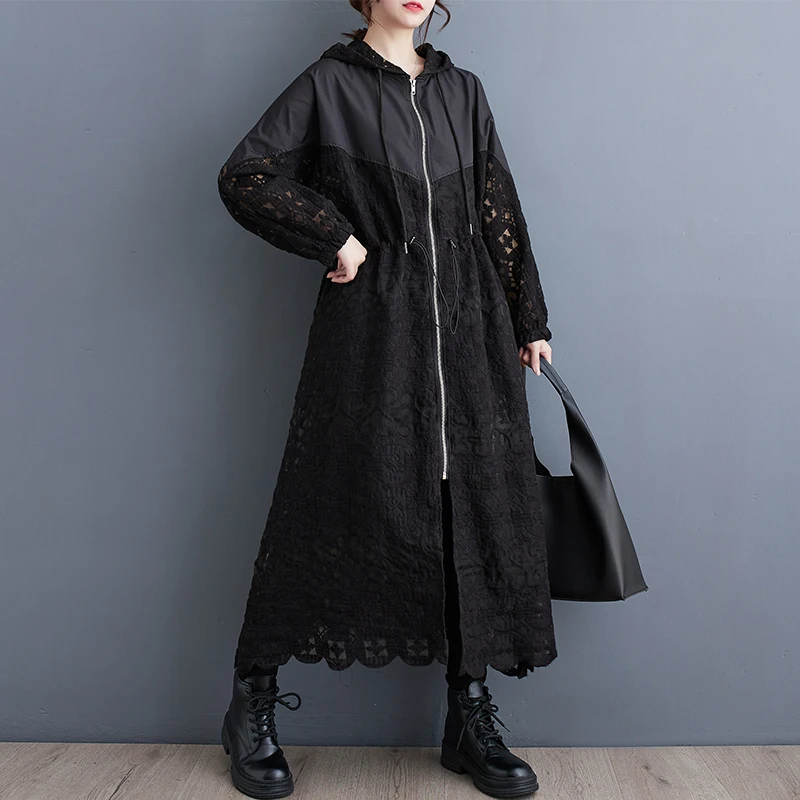 

Эффект для похудения Bla, повседневная куртка большого размера с капюшоном, модная лоскутная ветровка, длинное све, полиэфирное волокно