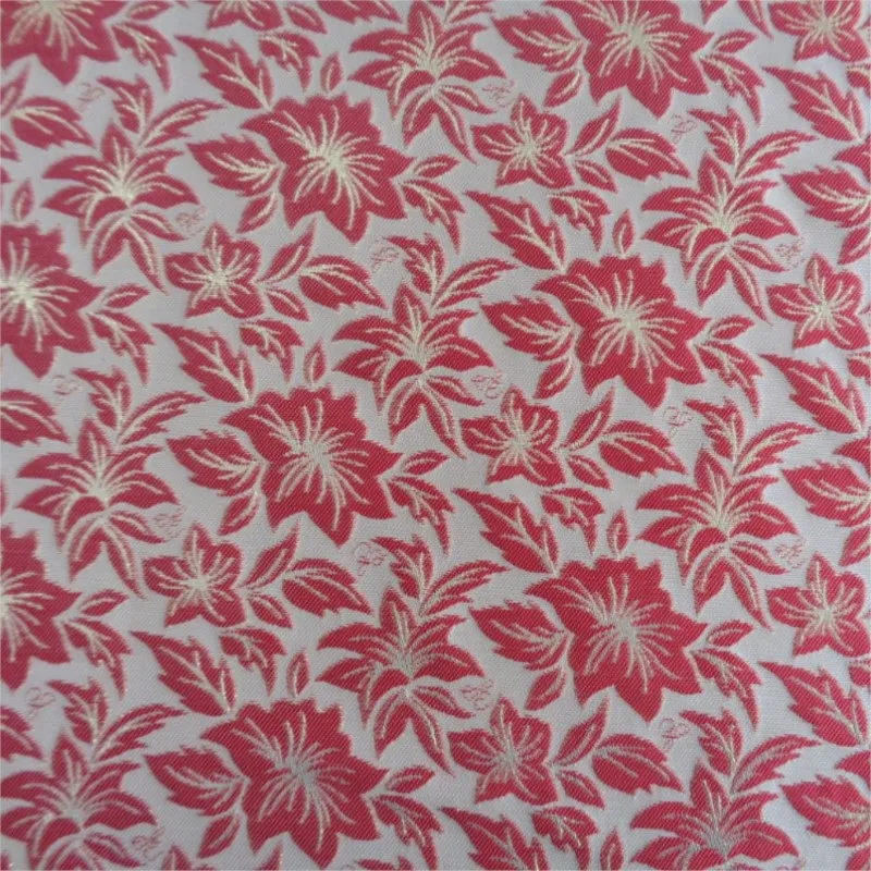 New yarn-dyed gold thread jacquard fabric elegant pink and red camellia dress