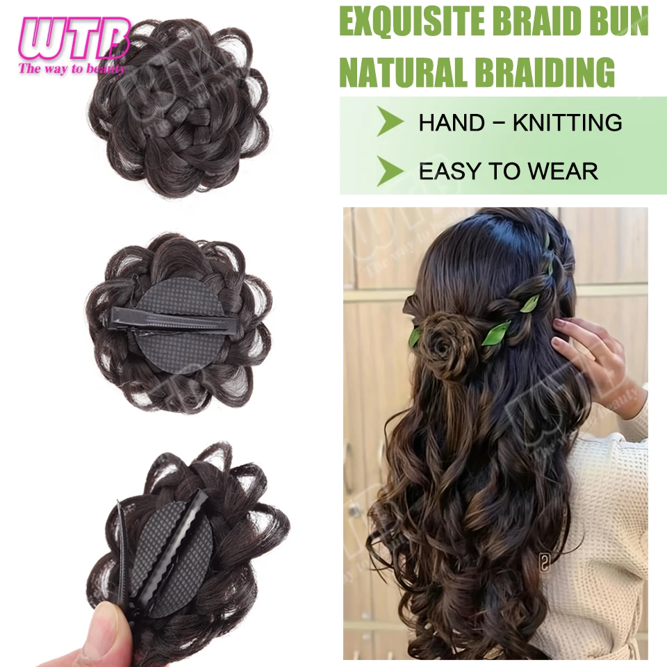 WTB Flower Bun Synthetic Wig for Women Duckbill Clip Style Rose Braided Bun Wig Suitable for Everyday and Holiday Wear