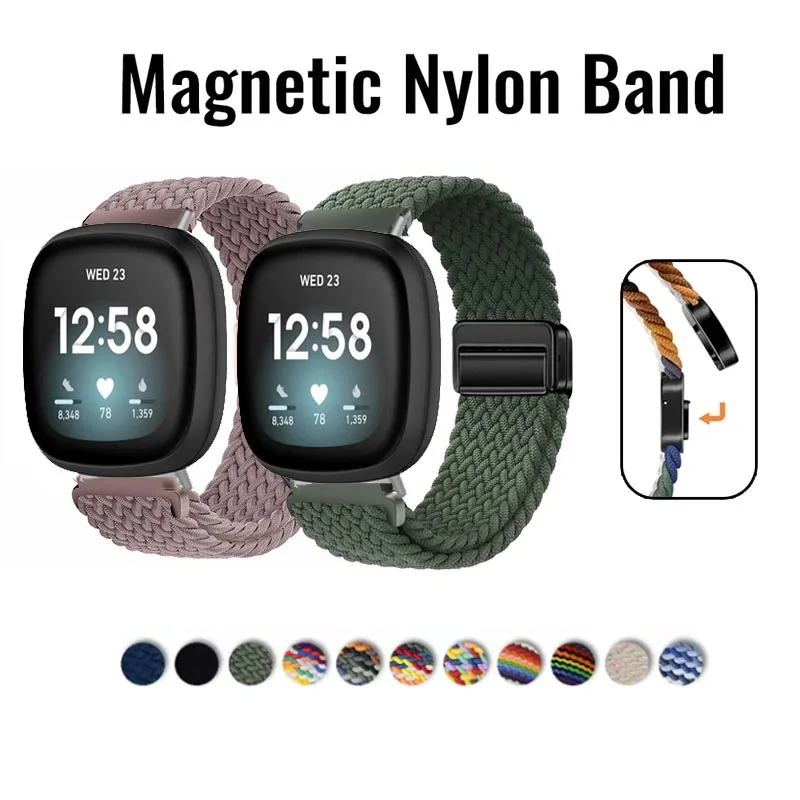 Sports Nylon Elastic Loop Strap+ Adapter for Fitbit Versa 4 3 / Sense 2 1 / Versa Lite 2 Magnetic Band