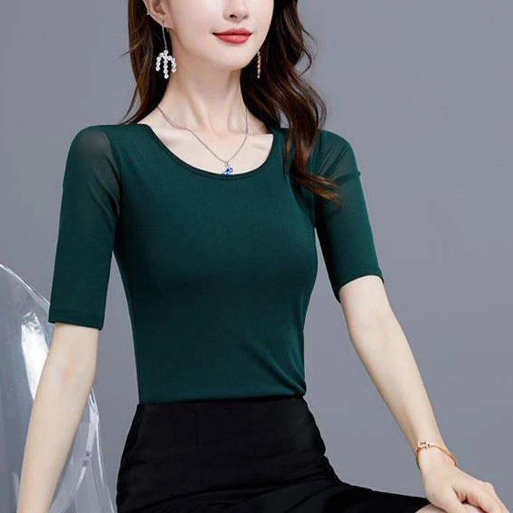 

Women's Sexy Elastic Mesh T Shirt Short Sleeve O Neck Shirts Female Black Green Purple White S-3XL Perspective Lace Tees Top