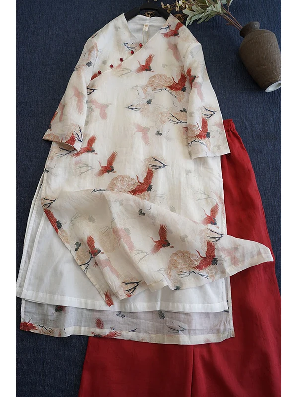 Retro chinês sle floral impressão dr feminino verão vento gola inclinada botão dupla camada saia melhorada