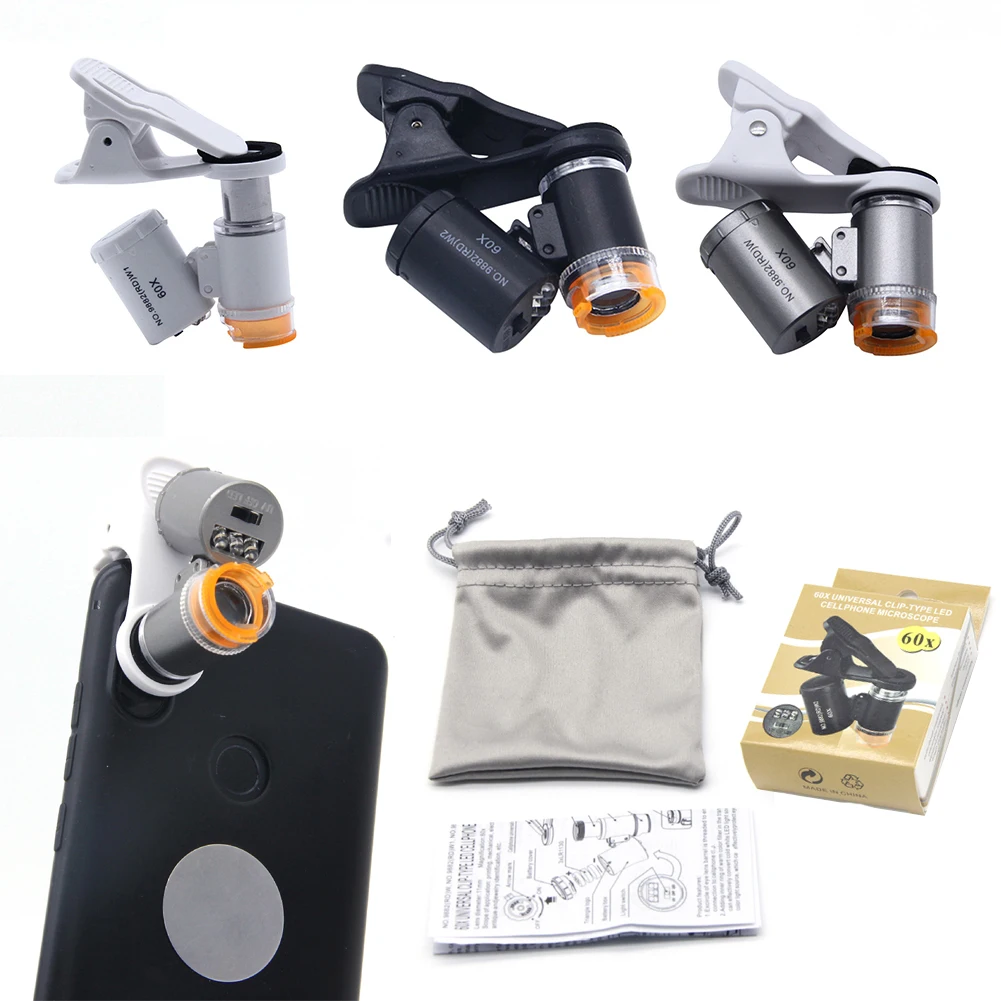 

60X Magnifier Clip-On Phone Microscope with LED UV Lights Magnifying Glass for Mobile Phone Portable Smartphone Jewelry Loupe