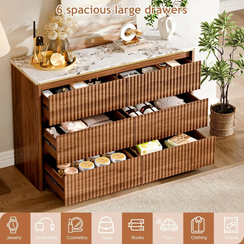 خزانة ملابس مخدد لغرفة النوم مع 6 أدراج، خزانة ذات أدراج حديثة 47.2 مع سطح من الرخام الصناعي، تصميم منحني، خزانة تلفزيون S