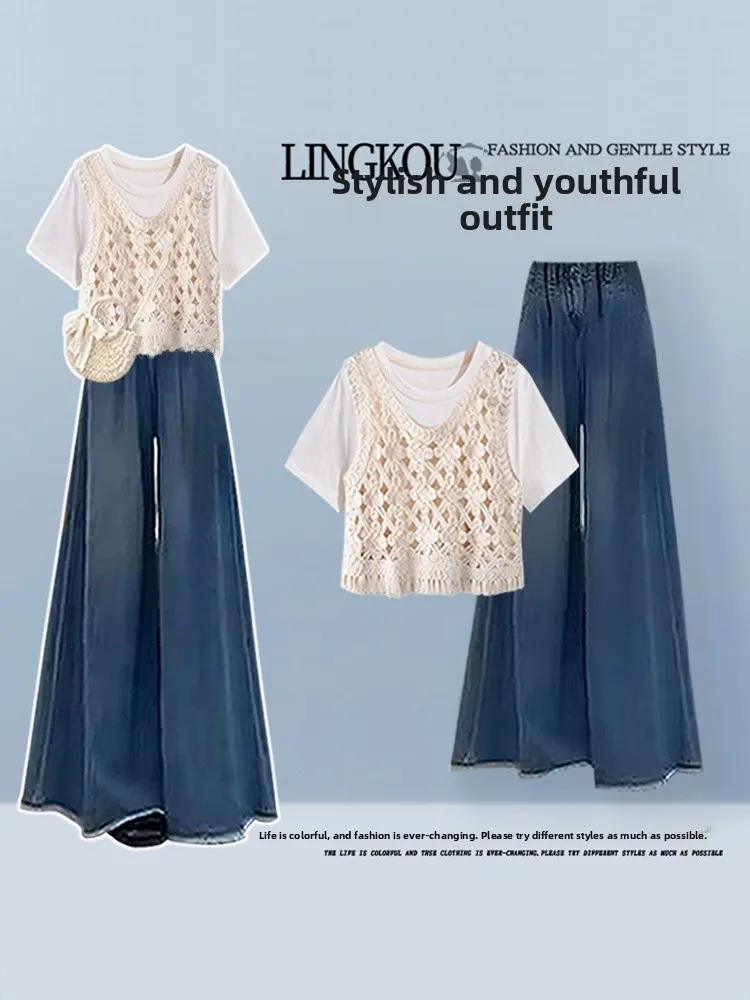 

Летний легкий женский корейский жилет Maturi Sle, футболка с высокой талией, утягивающие джинсы, комплект из футболки, повседневная одежда