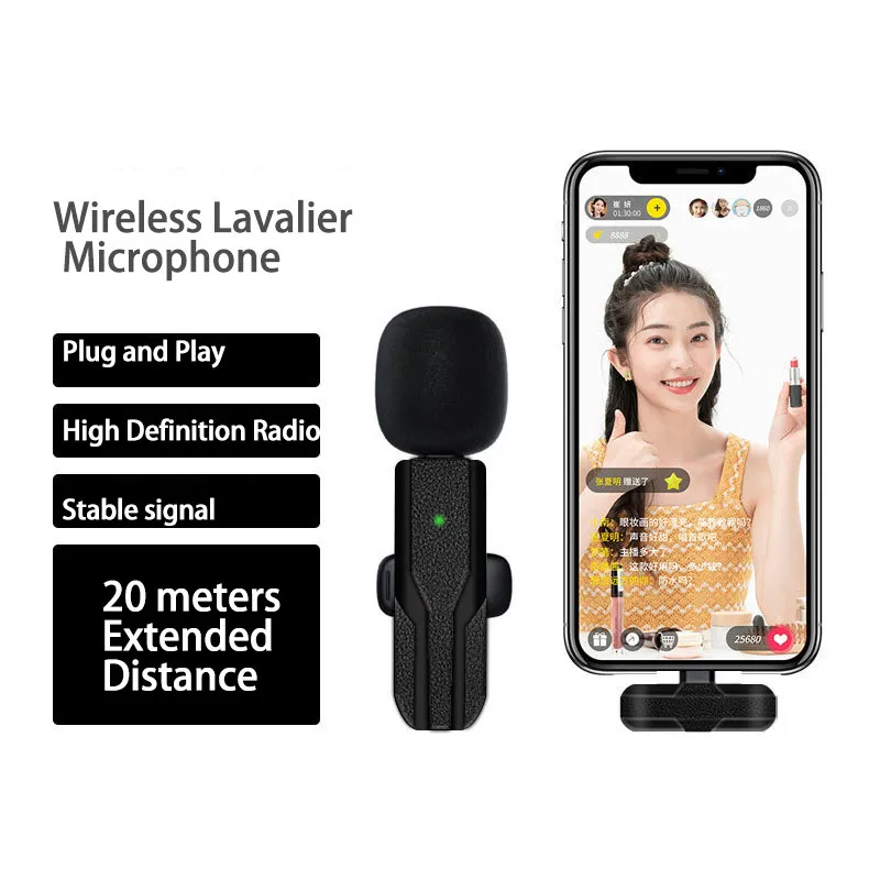 Wireless Lavalier Microphone Condenser Microphone Noise Reduction Audio Video Recording Mini Mic for iPhone Android Live Broadca