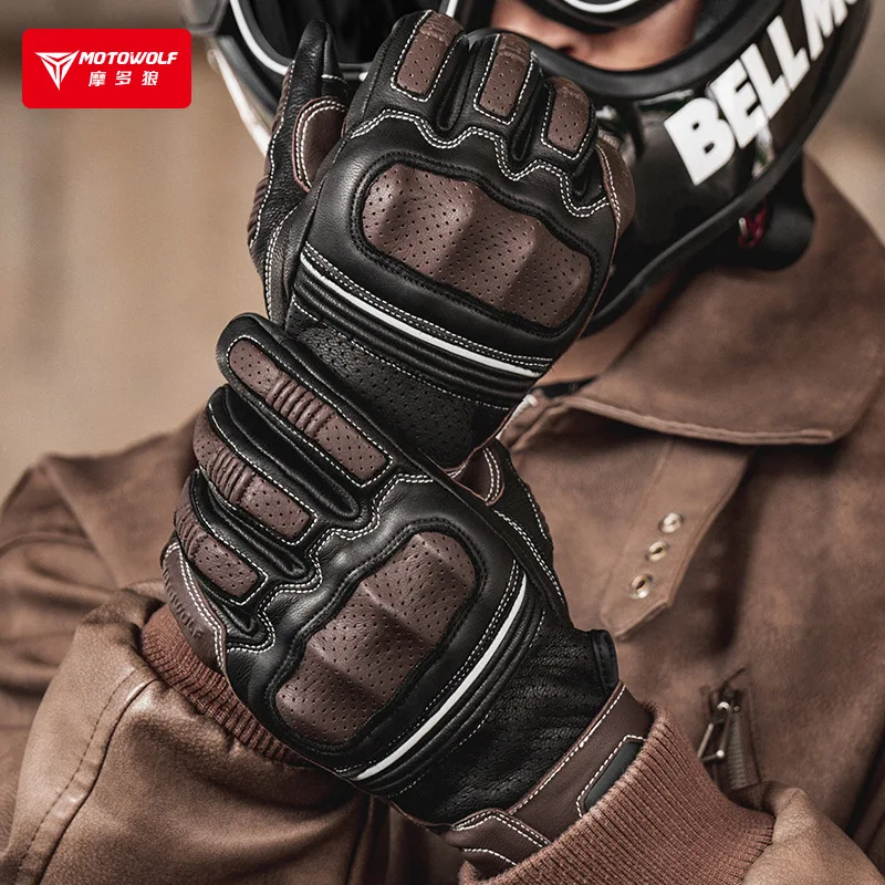 

Retro Perforated Leather Motorcycle Gloves Men Women Full Finger Motocross Biker Glove Guantes Moto Equipment M-XXL