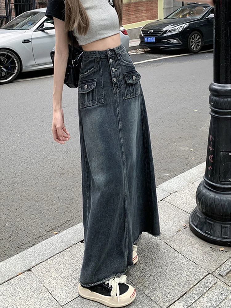 Retro Gray Maxi Long Denim Skirt Women Y2k Tassel Buttoned Bleached Blue Jeans Skirt Oversize Vintage High Waist Acubi Fashion