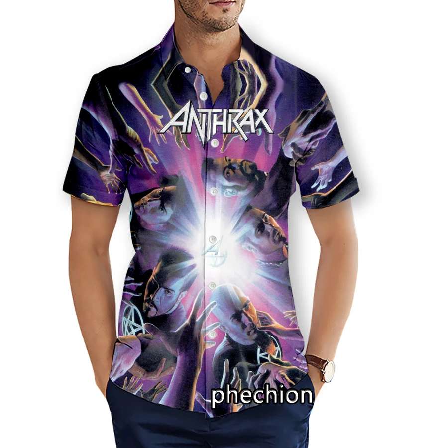 phechion Mens Short Sleeve Beach Shirts Anthrax Rock 3D Print Casual Shirts Fashion Streetwear Men Tops X293