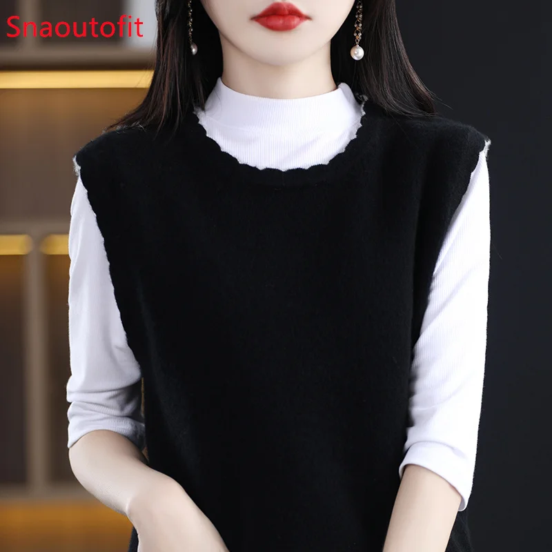 Lacework Round Neck Pure Wool Knitted Vest Women\'s Sleeveless Pullover Cashmere Sweater 2023 Spring and Autumn Loose Overlay Top