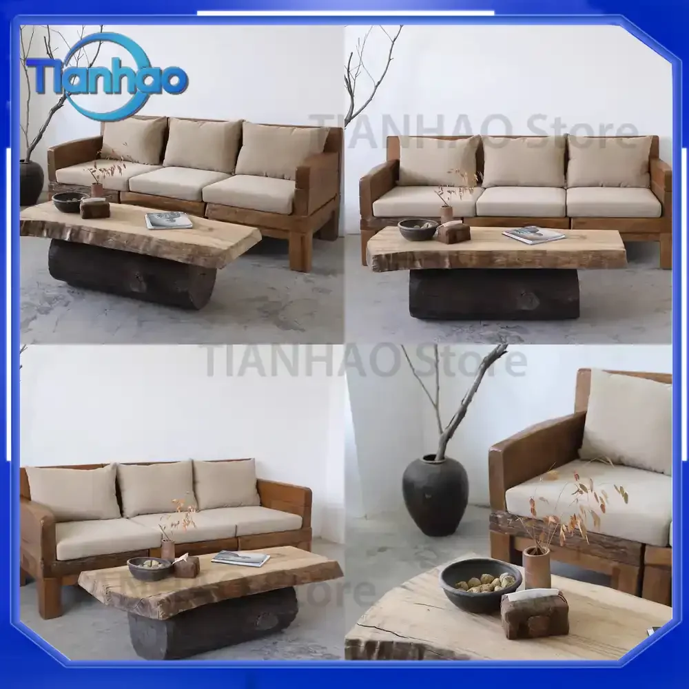 Wabi-Sabi Style Solid Wood Sofa for Living Room Home Use Three-Seater Sofa for Guesthouse Hotel Mid-Century Modern Style Sofa