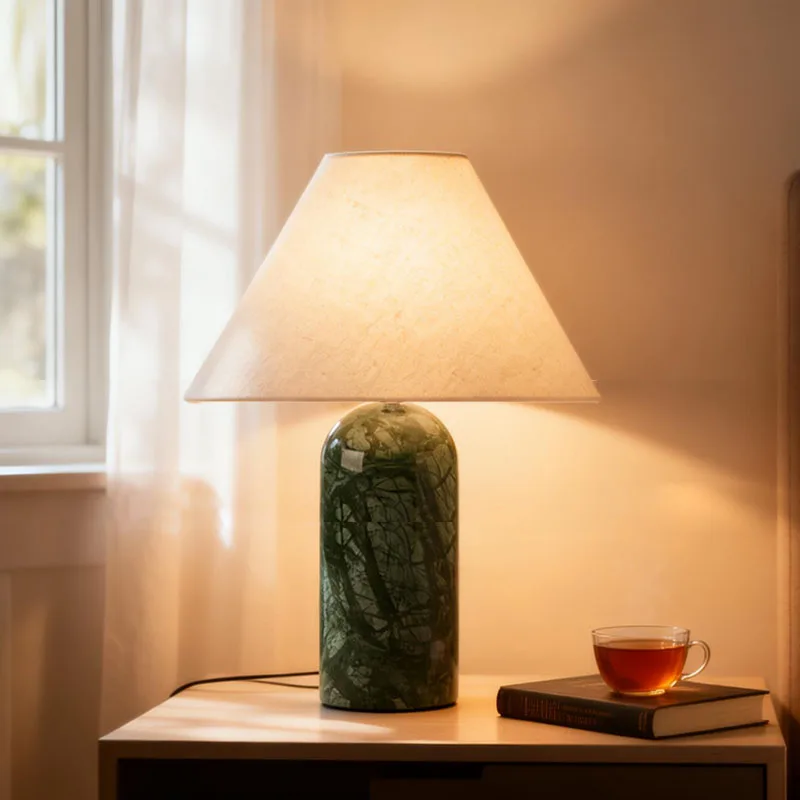 Bedside Table Lamp with Marble Pattern Base Fabric Shade Night Light for Bedroom