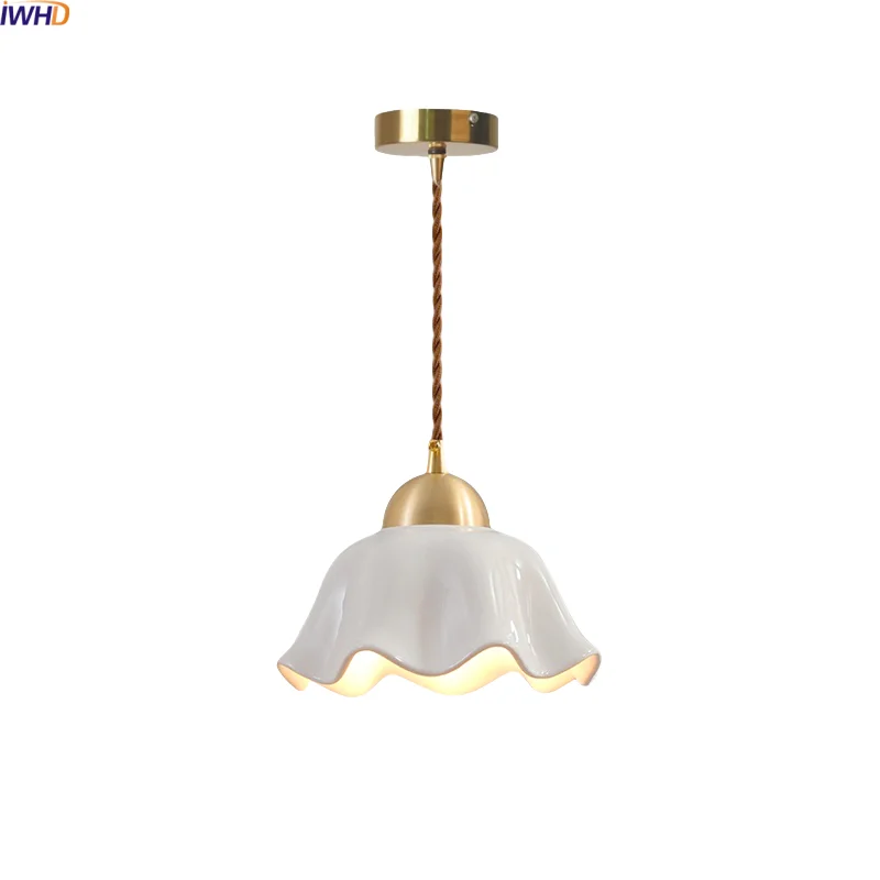 

IWHD White Ceramic Brass LED Pendant light Bedside Dining Table Room Interior Lighting Modern Nordic Hanging Lamp Pendelleuchte