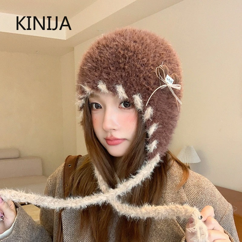 Japanische Retro Einfarbig Pilot Hut Gestrickte Hut Winter Outdoor Warme Gehörschutz Winddicht Skifahren Bomber Hüte für Frauen