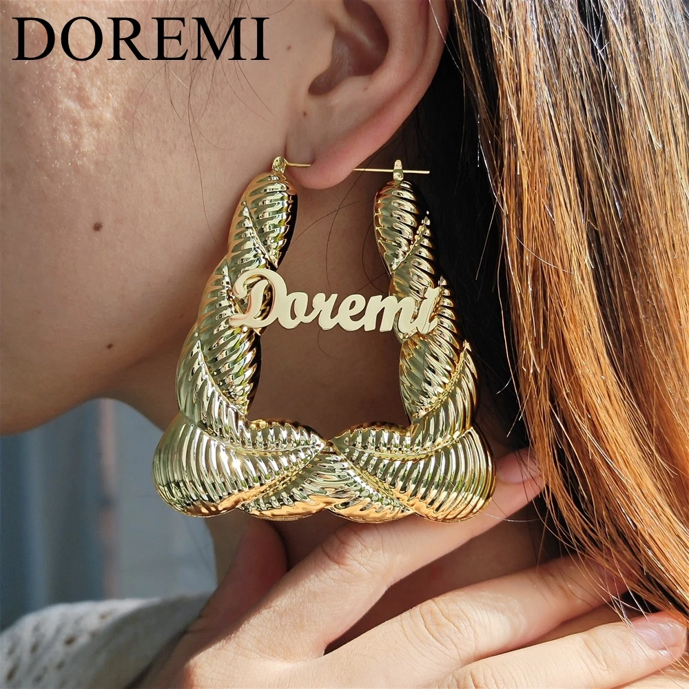 

DOREMI 80mm Stainless Steel Exaggerated Triangle Twist Custom Name Gold Earrings Retro Punk Gold Clip on Hoop Earrings Jewelry