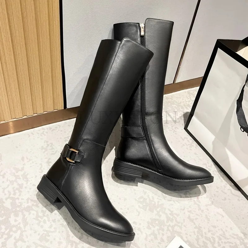 Leather Side Zipper Knee Length Women Long Boots with Thick Heels and Plush Solid Color Slim and Tall Chivalrous Boots