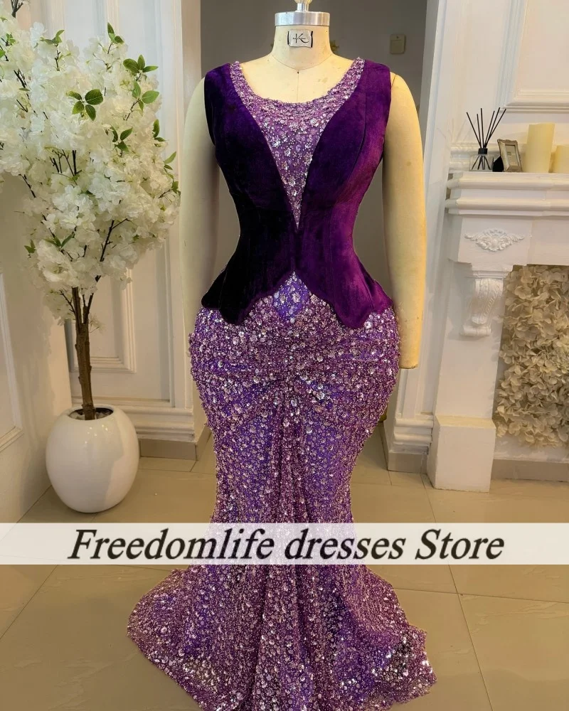 Paarse mouwloze avondjurken met prachtige pailletten appliqué op maat gemaakte lange zeemeermin bruiloft feestjurk galajurk voor dames