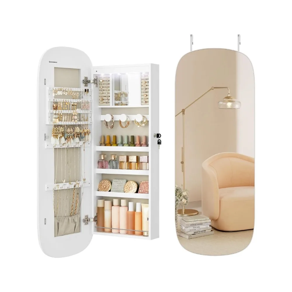 

Jewelry Organizer, LED Jewelry Cabinet Wall or Door Mounted, Lockable Rounded Wide Mirror with Storage, Interior Mirror