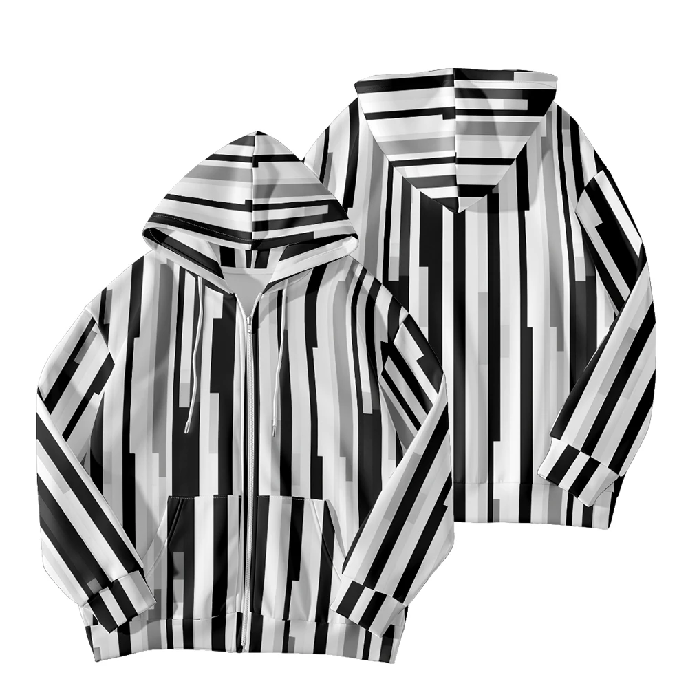 Modern Abstract Striped Hoodie Loose Fit Zip-Up Kangaroo Pockets Minimalist Urban Trendy Casual Outerwear Fashion Loungewear