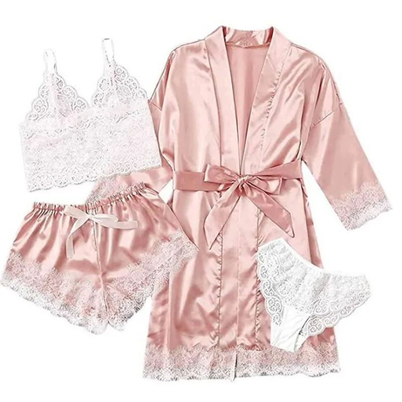 European American Pajama Sets sexy women\'s sleepwear 4-piece set lace satin seduction suspender sleepwear nightgown nightdress