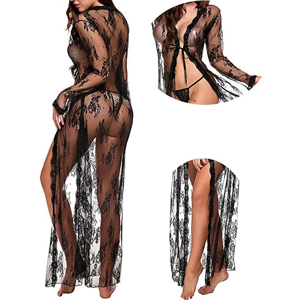 Alluring Lace Long Dress, Sheer See Through Kimono Robe Nightgown for Women, Sexy Lingerie, size, Assorted Colors