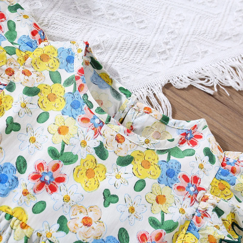 Summer Baby Girl Dress Cute Flower Print Small Flying Sleeve Beach Dress Sweet Girl Princess Dress