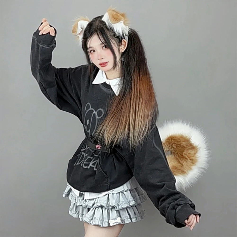 Furry Anime Dog Ear Headband Tail Cartoon Comic-Con Cosplay Costume Accessories Simulation Plush Animal Ears Tail