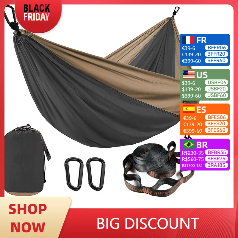 Solid Color Parachute Hammock with Hammock straps and Black carabiner Camping Survival travel Double Person outdoor furniture