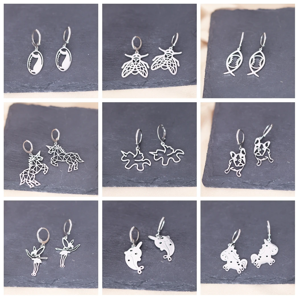 أقراط من الفولاذ المقاوم للصدأ للنساء ، بلدغ ، وحيد القرن ، تنين ، خرافية ، سلحفاة ، سيف ، موت ، فراشة ، عصرية ، مجوهرات ثقب