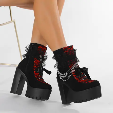 Gdgydh Vintage Gothic Lace Ankle Boots for Women Chunky Heel Side Zipper with Chain Detail Platform Goth Boots High Heels