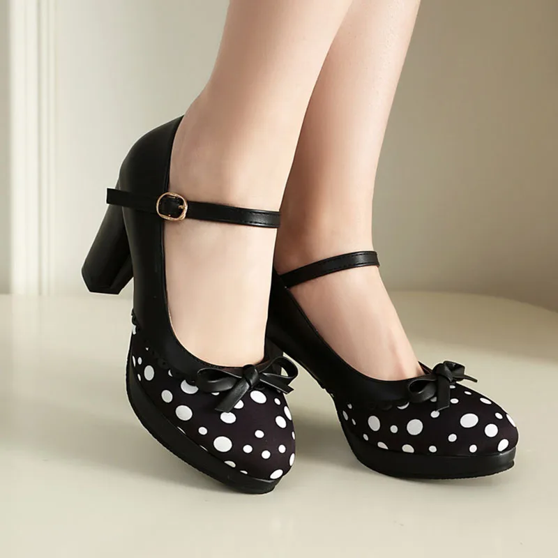 

Туфли Мэри Джейн в горошек Phoentin, черные туфли-лодочки на платформе, женские туфли большого размера в стиле Лолиты, туфли на высоком каблуке с перекрестными ремешками FT4070