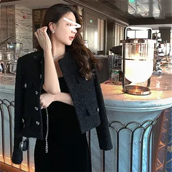 Women's Autumn New Versatile Diamond Button Decorative Jacket French Retro Thick Tweed Classic Small Fragrant Black Short Coat