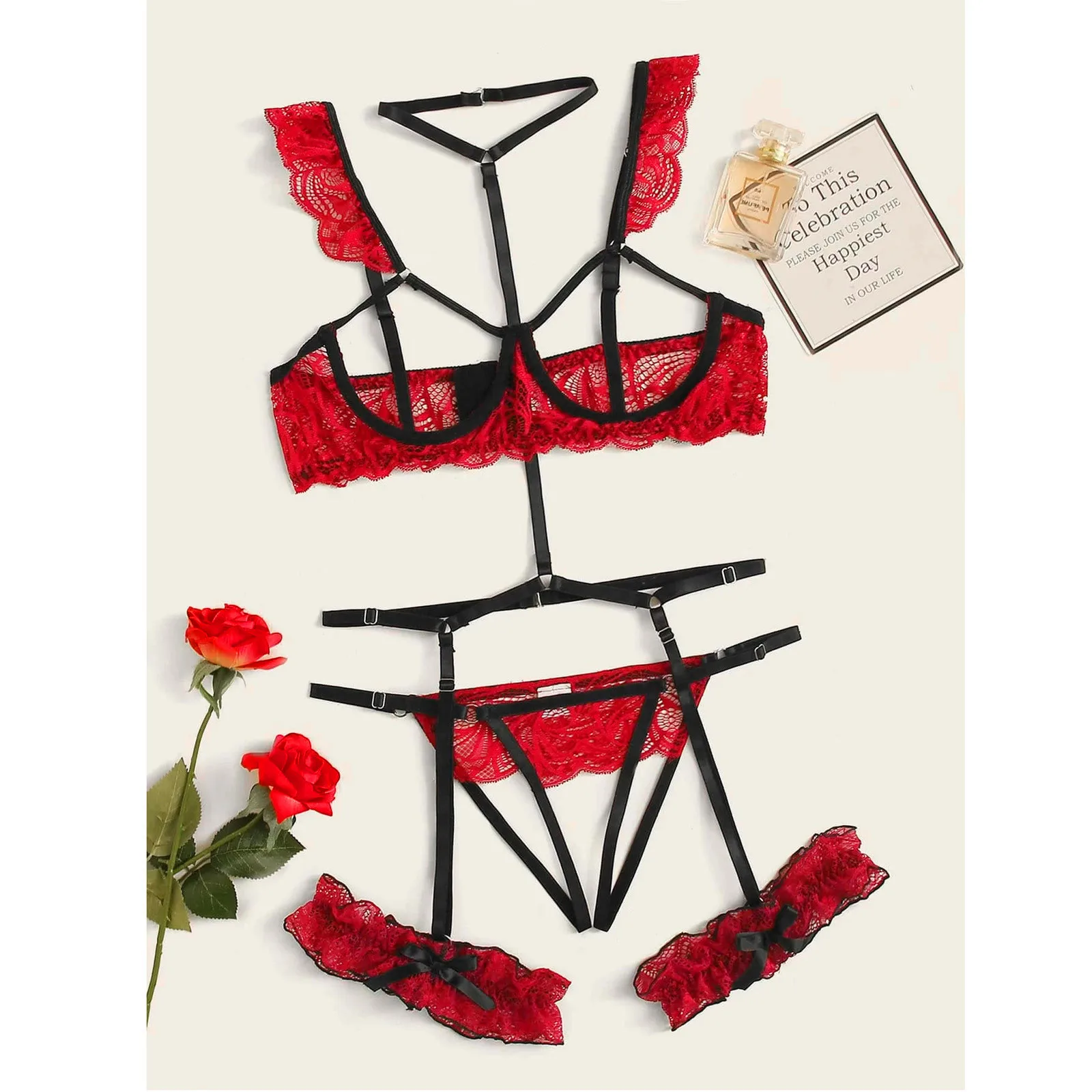 Sexy Lace Lingerie Set Women's Underwear Transparent Open Bra Panty Sets Garter Lace Black Lingerie Bra Erotic Underwear Set images - 6