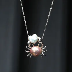 Handmade DIY Cute Crab Pendant Natural Freshwater Irregular Small Baroque Pearl Pendant Necklace S925 Sterling Silver Jewelry