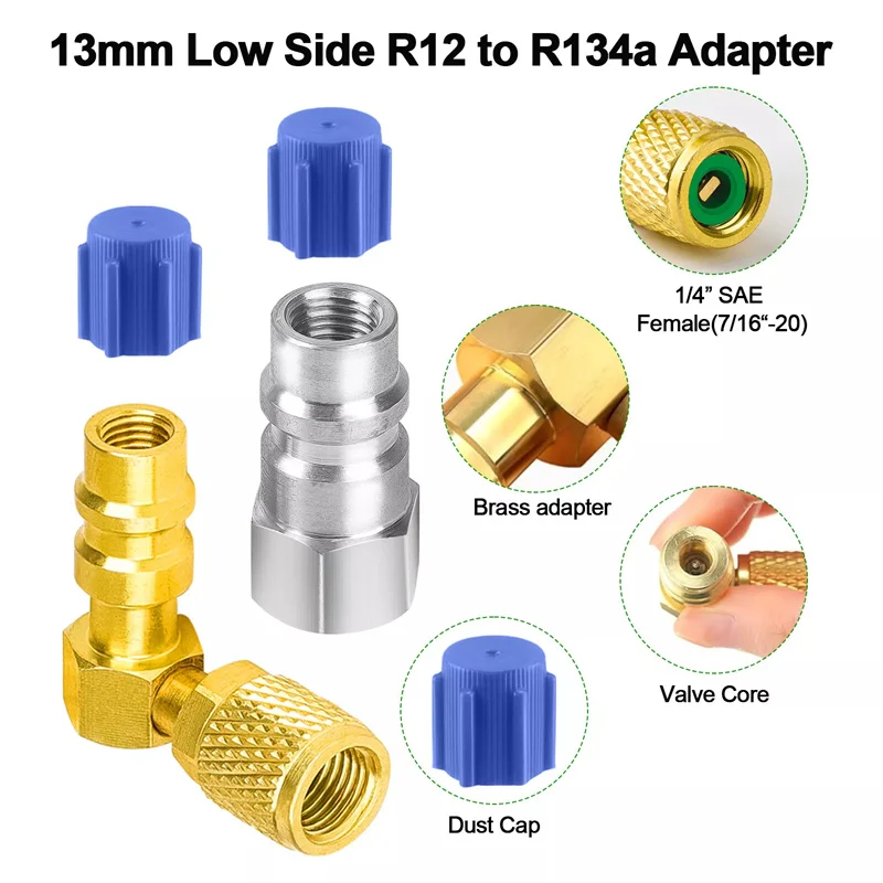 Nuevo Kit de adaptadores AC R134A, adaptador de válvula de acoplamiento rápido R12 a R134a, Kit adaptador de alta/baja presión R12 a R134a para aire de coche