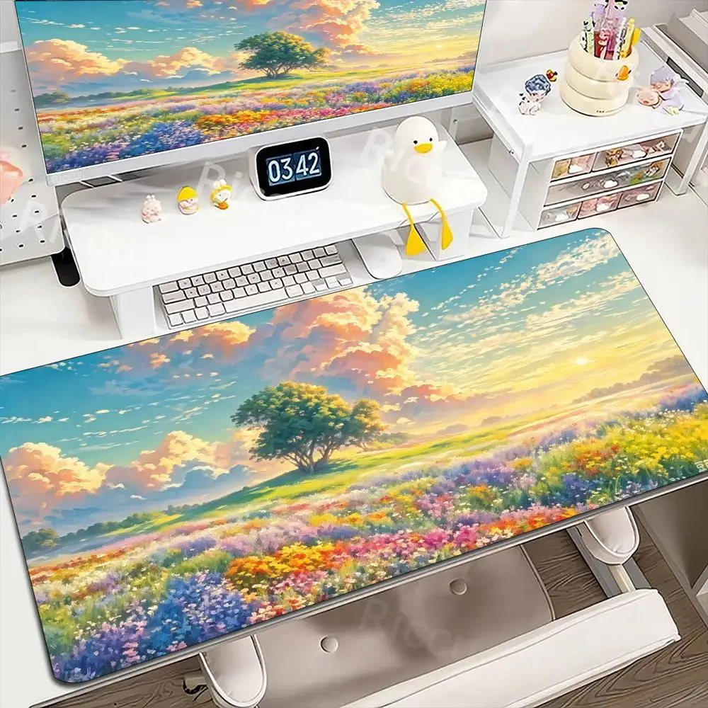 Style Flower Field Scenery Large Gaming Mouse Pad Non Slip Rubber Base Extended Mouse Mat For PC Laptop Gaming Office Desk Setup